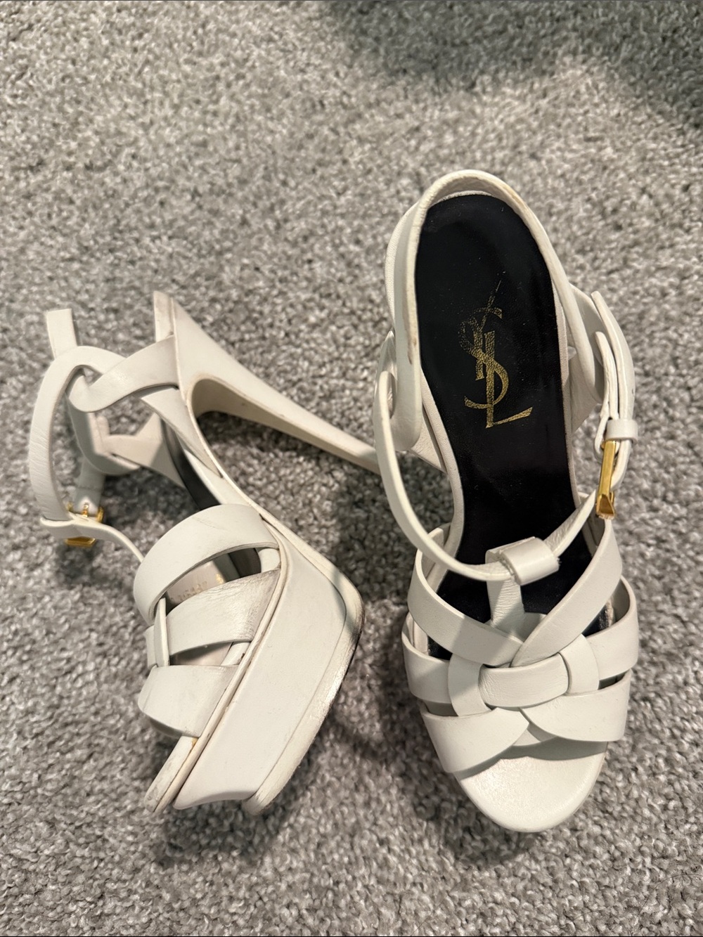 Saint Laurent White Braided Leather Platform Sandals with Gold Buckle - Picture 1 of 2